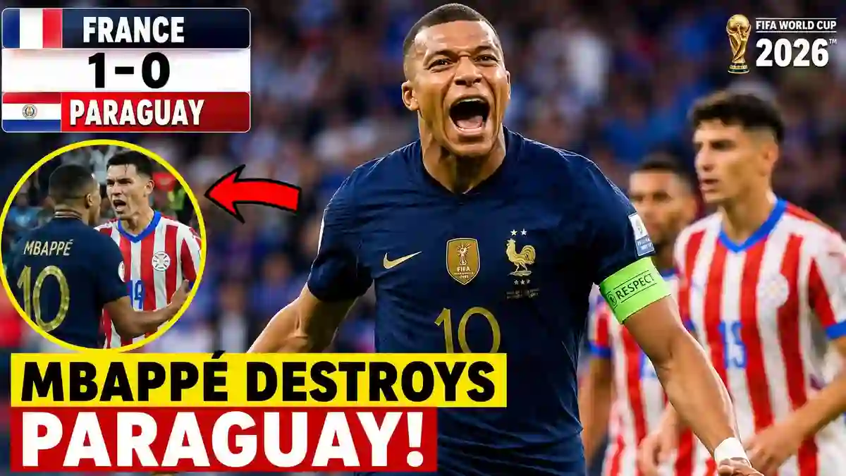 Kylian Mbappé celebrates after scoring the winning penalty as France defeated Paraguay 1-0 in the FIFA World Cup 2026 Round of 16.